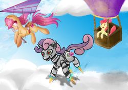 Size: 1920x1358 | Tagged: safe, anonymous artist, artist:dumbprincess, artist:lizardwithhat, apple bloom, scootaloo, sweetie belle, earth pony, pegasus, pony, robot, robot pony, unicorn, g4, cloud, cutie mark, female, filly, flying, hang glider, hang gliding, hologram, hot air balloon, mare, simple background, sweetie bot, the cmc's cutie marks