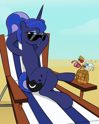 Size: 800x1000 | Tagged: safe, artist:mew-me, princess luna, pony, between dark and dawn, g4, alternate hairstyle, beach chair, chair, crossed legs, cute, drink, female, food, herbivore, looking at you, lunabetes, pineapple, solo, straw, sunglasses