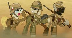 Size: 1024x543 | Tagged: safe, artist:brony-works, earth pony, pony, afrika korps, bolt-action rifle, clothes, corporal, crying, desert, dust, epaulettes, female, goggles, gritted teeth, gun, hat, helmet, holster, male, mare, mauser 98k, military uniform, nazi germany, pith helmet, pointing, putties, rifle, stahlhelm, stallion, uniform, weapon, world war ii