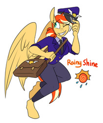 Size: 590x702 | Tagged: safe, artist:redxbacon, oc, oc only, oc:rainy shine, anthro, postman's hat, postmare, solo