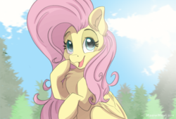 Size: 2039x1378 | Tagged: safe, artist:meowmavi, fluttershy, pegasus, pony, g4, chest fluff, cute, ear fluff, female, mare, open mouth, shyabetes, tree