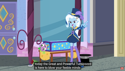 Size: 3840x2160 | Tagged: safe, edit, edited screencap, screencap, spike, spike the regular dog, trixie, dog, equestria girls, g4, my little pony equestria girls: better together, street magic with trixie, caption, female, high res, male, meme, youtube caption
