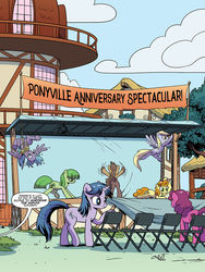 Size: 768x1024 | Tagged: safe, artist:pencils, idw, carrot top, derpy hooves, golden harvest, g4, spoiler:comic, spoiler:comic79, banner, preview, stage