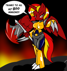 Size: 1768x1880 | Tagged: safe, artist:tinker-tock, oc, oc only, oc:warmaker, alicorn, anthro, unguligrade anthro, alicornified, armor, axe, female, lidded eyes, metal claws, milestone, race swap, solo, speech, weapon