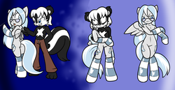 Size: 2528x1302 | Tagged: safe, artist:tinker-tock, oc, oc only, oc:scotskunk, oc:stripe shine, pegasus, skunk, anthro, semi-anthro, abstract background, arm hooves, both cutie marks, clothes, furry, furry oc, glasses, inanimate tf, living suit, pants, pegasus oc, ponysuit, socks, striped socks, transformation, transformation sequence, wings, zipper