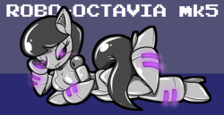 Size: 2172x1120 | Tagged: safe, artist:tinker-tock, octavia melody, gynoid, robot, robot pony, anthro, g4, arm hooves, draw me like one of your french girls, female, glowing eyes, high heels, lying down, roboticization, shoes, solo