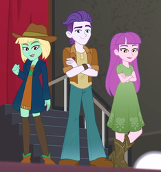Size: 623x666 | Tagged: safe, screencap, dakota verde, dirk thistleweed, violet wisteria, equestria girls, g4, how to backstage, my little pony equestria girls: better together, background human, clothes, cropped, crossed arms, female, hat, male, pants, shoes