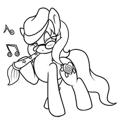 Size: 596x607 | Tagged: safe, artist:tinker-tock, oc, oc only, oc:spiral desire, pony, flute, glasses, hat, lineart, music notes, musical instrument, paintbrush, solo