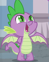 Size: 866x1094 | Tagged: safe, screencap, spike, dragon, g4, marks for effort, my little pony: friendship is magic, arm behind back, cropped, cute, innocent, male, school of friendship, smiling, solo, spikabetes, spread wings, upscaled, winged spike, wings