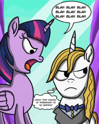 Size: 2400x3000 | Tagged: safe, artist:saburodaimando, prince blueblood, twilight sparkle, alicorn, pony, g4, blah blah blah, high res, newbie artist training grounds, prince blueblood is not amused, twilight sparkle (alicorn), twilight sparkle is not amused, unamused