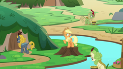 Size: 1280x720 | Tagged: safe, screencap, applejack, green grove, spring glow, winter flame, earth pony, kirin, pony, g4, sounds of silence, background kirin, water