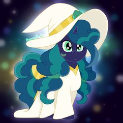 Size: 1024x1024 | Tagged: safe, artist:nummypixels, oc, oc only, oc:valdis, pony, unicorn, abstract background, clothes, female, hair over one eye, hat, mare, pigtails, robe, signature, solo, witch hat