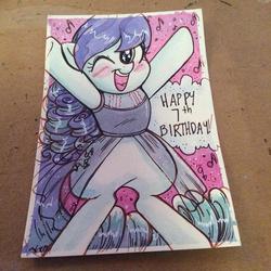 Size: 600x600 | Tagged: safe, artist:marybellamy, coloratura, pony, g4, birthday card, commission, eye shimmer, happy, looking at you, music notes, one eye closed, rara, san diego comic con, smiling, solo, standing, standing up, traditional art, wink