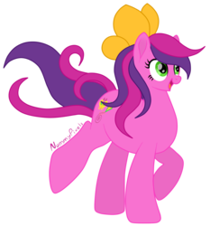 Size: 853x915 | Tagged: safe, artist:nummypixels, skywishes, earth pony, pony, g3, g4, bow, female, g3 to g4, generation leap, hair bow, mare, open mouth, raised hoof, signature, simple background, solo, transparent background