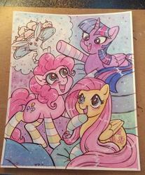 Size: 600x725 | Tagged: safe, artist:marybellamy, angel bunny, fluttershy, pinkie pie, twilight sparkle, alicorn, earth pony, pegasus, pony, rabbit, g4, animal, clothes, commission, cupcake, food, happy, out of character, pillow, platter, san diego comic con, slumber party, smiling, socks, striped socks, traditional art, twilight sparkle (alicorn)