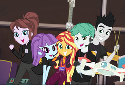 Size: 1065x720 | Tagged: safe, screencap, ambient light, chase reverb, coffee rush, sunset shimmer, equestria girls, equestria girls series, g4, how to backstage, spoiler:eqg series (season 2), background human, backstage pass, drone, drumsticks, female, male, microphone, photo, selfie drone, smiling