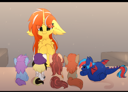 Size: 2184x1576 | Tagged: dead source, safe, artist:php146, oc, oc only, oc:centreus feathers, oc:cinderheart, oc:cottonwood kindle, oc:mobian, oc:rory gigabyte, oc:winterlight, dracony, hybrid, pony, unicorn, beanie, chest fluff, ear fluff, eye clipping through hair, female, floppy ears, fluffy, grin, hat, mare, plushie, rubbing hooves, shelf, smiling, this will end in balloons, voodoo doll