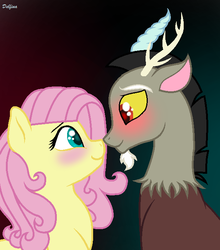 Size: 600x682 | Tagged: safe, artist:delfinaluther, discord, fluttershy, draconequus, pony, g4, blushing, boop, female, gradient background, looking at each other, male, noseboop, ship:discoshy, shipping, signature, straight