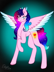 Size: 768x1024 | Tagged: safe, artist:delfinaluther, oc, oc only, oc:delfina, alicorn, bicorn, pony, alicorn oc, colored wings, ethereal mane, eye scar, female, galaxy mane, gradient wings, heterochromia, horn, looking at you, mare, raised hoof, scar, signature, solo, spread wings, wings