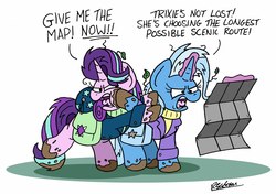 Size: 2276x1601 | Tagged: safe, artist:bobthedalek, starlight glimmer, trixie, pony, unicorn, g4, angry, atg 2019, camping trip, clothes, coat, lost, magic, map, mud, muddy hooves, newbie artist training grounds, sleeping bag