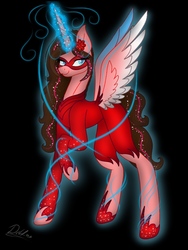 Size: 768x1024 | Tagged: safe, artist:delfinaluther, oc, oc only, alicorn, pony, alicorn oc, black background, clothes, female, glowing horn, horn, magic, mare, mask, raised hoof, signature, simple background, solo, spread wings, wings