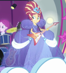 Size: 915x1010 | Tagged: safe, screencap, sunset shimmer, equestria girls, equestria girls specials, g4, my little pony equestria girls: better together, my little pony equestria girls: rollercoaster of friendship, clothes, cropped, dress, gown, hologram, impossibly large dress, poofy shoulders