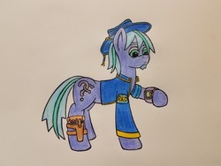 Size: 2016x1512 | Tagged: safe, artist:dice-warwick, oc, oc only, oc:slowtrot, earth pony, pony, fallout equestria, fallout equestria: desperados, beard, clothes, facial hair, fallout equestria: stable-tec r&d, fanfic, fanfic art, gun, handgun, hat, hooves, jumpsuit, male, pipbuck, pistol, simple background, solo, stallion, traditional art, vault suit, white background