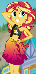 Size: 480x969 | Tagged: safe, screencap, sunset shimmer, equestria girls, equestria girls series, forgotten friendship, g4, arm behind head, beach, belly button, bikini, bikini top, clothes, cropped, cutie mark, cutie mark on clothes, female, geode of empathy, geode of fauna, geode of shielding, geode of sugar bombs, geode of super speed, geode of super strength, geode of telekinesis, jewelry, magical geodes, midriff, pose, sarong, sexy, shoulder bag, sky, sleeveless, solo, stomach, stupid sexy sunset shimmer, sultry pose, sunset selfie, swimsuit