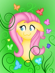Size: 768x1024 | Tagged: safe, artist:delfinaluther, fluttershy, butterfly, pegasus, pony, g4, :3, colored pupils, female, floppy ears, mare, solo