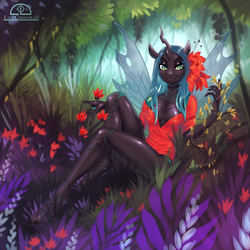 Size: 1500x1500 | Tagged: safe, artist:ladychimaera, queen chrysalis, changeling, changeling queen, anthro, unguligrade anthro, g4, absolute cleavage, beautiful, breasts, cleavage, clothes, crossover, cute, cutealis, featureless breasts, female, forest, looking at you, nature, open clothes, open shirt, outdoors, poison ivy (dc comics), smiling, solo