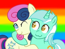 Size: 1024x768 | Tagged: safe, artist:delfinaluther, bon bon, lyra heartstrings, sweetie drops, earth pony, pony, unicorn, g4, :3, adorabon, colored pupils, cute, female, hug, lesbian, looking at each other, lyrabetes, mare, one eye closed, rainbow background, ship:lyrabon, shipping, wink