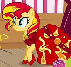Size: 465x435 | Tagged: safe, sunset shimmer, pony, unicorn, g4, official, clothes, dress, facebook, female, fim logo, high heels, my little pony logo, shoes, solo