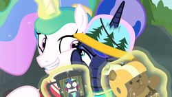 Size: 1920x1080 | Tagged: safe, screencap, princess celestia, princess luna, alicorn, pony, between dark and dawn, g4, cheek squish, cute, cutelestia, faic, female, hat, horn, horn impalement, looking at each other, luna is not amused, lunabetes, mare, royal sisters, siblings, sisters, squishy cheeks, toy, unamused