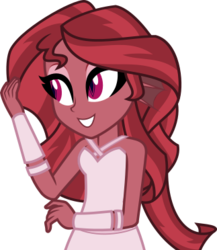 Size: 323x372 | Tagged: safe, artist:mlp-trailgrazer, oc, oc only, oc:mezma, equestria girls, g4, alternate hairstyle, clothes, disguise, disguised siren, dress, equestria girls-ified, female, implied sunset shimmer, simple background, sleeveless, smiling, solo, species swap, transparent background