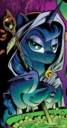 Size: 735x1405 | Tagged: safe, idw, princess luna, pony, g4, spoiler:comic, cauldron, clothes, costume, female, hoof shoes, solo, witch