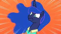 Size: 1920x1080 | Tagged: safe, screencap, princess luna, alicorn, pony, between dark and dawn, g4, angry, clothes, ethereal mane, faic, female, luna is not amused, mare, orange background, shirt, simple background, solo, starry mane, unamused