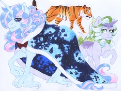 Size: 3936x2981 | Tagged: safe, artist:frozensoulpony, oc, oc only, oc:kiyoko, oc:somber soliloquy, big cat, pony, tiger, unicorn, cloak, clothes, female, high res, male, mare, offspring, parent:mistmane, parent:star swirl the bearded, parent:twilight sparkle, parents:mistswirl, parents:twiswirl, stallion, traditional art