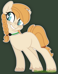 Size: 1156x1472 | Tagged: safe, artist:bluedinoadopts, oc, oc only, oc:summer harvest (ice1517), earth pony, pony, blushing, choker, female, green background, mare, pigtails, simple background, solo, starry eyes, twintails, unshorn fetlocks, wingding eyes