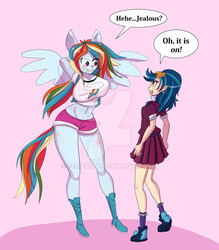 Size: 800x914 | Tagged: dead source, safe, artist:peribooty, indigo zap, rainbow dash, equestria girls, g4, amazon, arm behind head, big breasts, breast envy, breasts, busty rainbow dash, deviantart watermark, duo, duo female, female, height difference, incentive drive, midriff, obtrusive watermark, pink background, ponied up, sexy, simple background, speech bubble, stupid sexy rainbow dash, watermark
