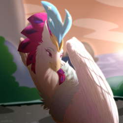 Size: 1600x1600 | Tagged: safe, artist:dementra369, queen novo, classical hippogriff, hippogriff, my little pony: the movie, beautiful, bust, eyeliner, feather, female, folded wings, makeup, portrait, queen, smiling, solo, sunset, wings