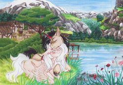 Size: 1280x885 | Tagged: safe, artist:scootiegp, oc, pegasus, pony, unicorn, blushing, building, bush, couple, forest, grass, lake, lying, medieval, mountain, oc x oc, shipping, traditional art, tree, village, water