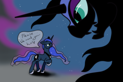Size: 3000x2000 | Tagged: safe, artist:tunrae, nightmare moon, princess luna, alicorn, pony, g4, atg 2019, high res, newbie artist training grounds, simple background, size difference, speech bubble