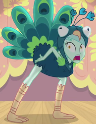 Size: 555x715 | Tagged: safe, screencap, lyra heartstrings, human, all's fair in love & friendship games, equestria girls, g4, animal costume, bird costume, clothes, costume, cropped, female, lyrabird, peacock costume, solo