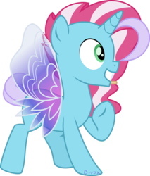 Size: 1024x1204 | Tagged: safe, artist:babyroxasman, oc, oc only, oc:harmony royal, pony, butterfly wings, male, pointing at self, simple background, smiling, solo, summerwing pony, teenager, transparent background, wings