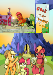 Size: 1201x1700 | Tagged: safe, artist:tarkron, apple bloom, applejack, big macintosh, twilight sparkle, alicorn, bird, earth pony, pony, comic:ghosts of the past, g4, apple siblings, cock-a-doodle-doo, comic, female, filly, male, mare, no dialogue, rooster, stallion, sunrise, sweet apple acres, twilight sparkle (alicorn), twilight's castle, waving