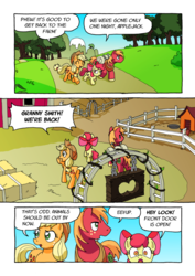 Size: 1201x1700 | Tagged: safe, artist:tarkron, apple bloom, applejack, big macintosh, earth pony, pony, comic:ghosts of the past, g4, apple siblings, comic, dialogue, female, filly, male, mare, stallion, sweet apple acres