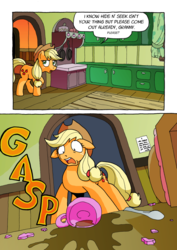 Size: 1201x1700 | Tagged: safe, artist:tarkron, applejack, earth pony, pony, comic:ghosts of the past, g4, comic, cup, dialogue, dramatic, female, gasp, kitchen, mare, solo, teacup, this will not end well