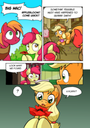Size: 1201x1700 | Tagged: safe, artist:tarkron, apple bloom, applejack, big macintosh, earth pony, pony, comic:ghosts of the past, g4, apple siblings, chair, comic, cup, dialogue, female, filly, male, mare, poppy, question mark, stallion, teacup
