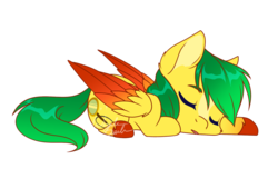 Size: 1024x623 | Tagged: safe, artist:fuyusfox, oc, oc only, oc:archie, pegasus, pony, blaze (coat marking), coat markings, colored hooves, colored pinnae, colored wings, facial markings, gradient mane, gradient tail, green mane, green tail, lying down, multicolored wings, prone, simple background, sleeping, solo, tail, transparent background, wings, yellow coat