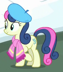 Size: 210x240 | Tagged: safe, screencap, bon bon, sweetie drops, earth pony, pony, best gift ever, g4, beret, clothes, cropped, female, hat, mare, scarf, snow, solo, winter outfit